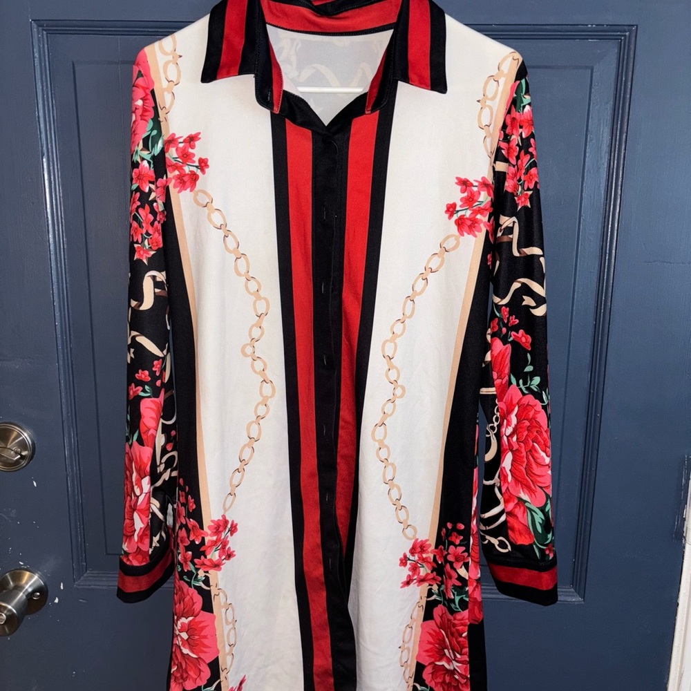 Floral Chain Print Long Sleeve Shirt Dress